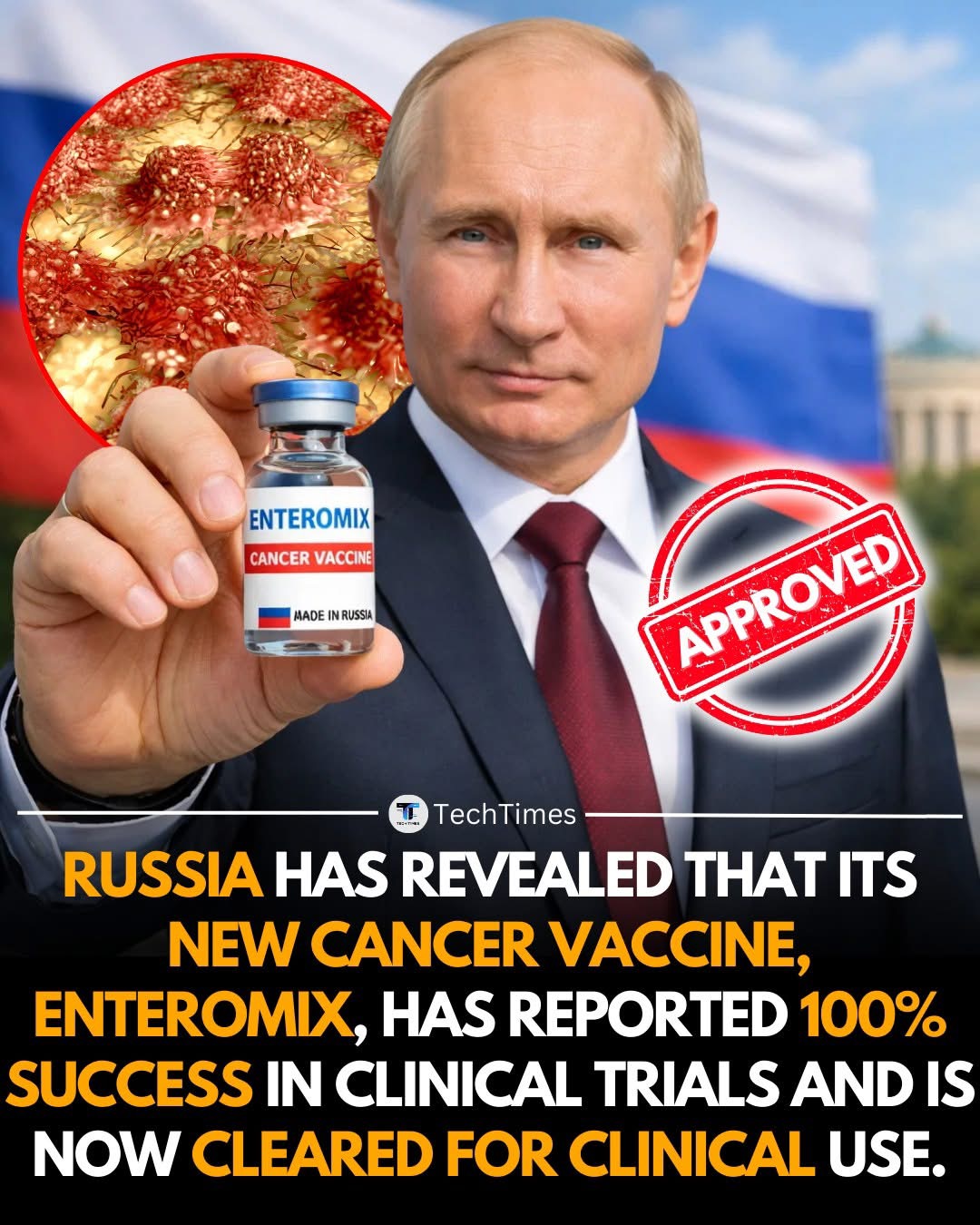 RUSSIA HAS ANNOUNCED THAT ITS NEW CANCER VACCINE, “ENTEROMIX,” REPORTEDLY SHOWED 100% SUCCESS IN CLINICAL TRIALS AND HAS BEEN CLEARED FOR CLINICAL USE.